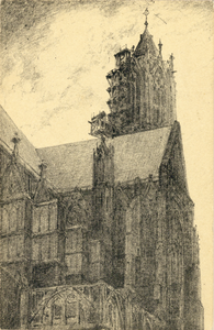 3073 Gezicht op een gedeelte van het noordertransept van de Domkerk en van de Domtoren te Utrecht uit het noordoosten.